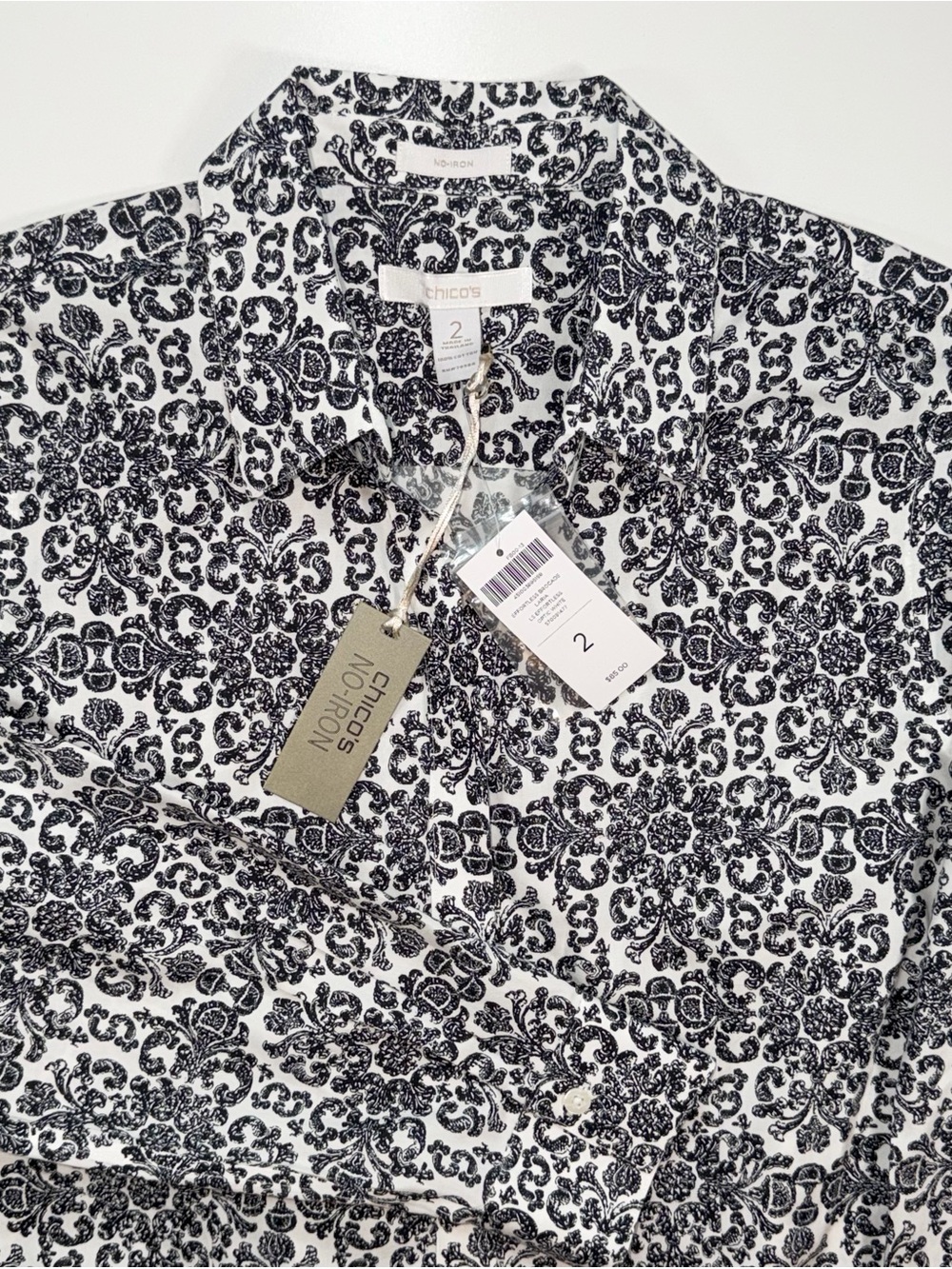 Chico's NO IRON Shirt Top Black White Button Up Long Sleeve Sz 2 L 12 NWT $85 - Picture 6 of 12